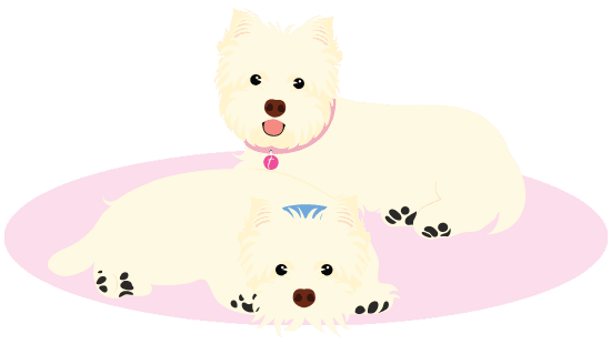 Cartoon graphic two dogs laying on rug